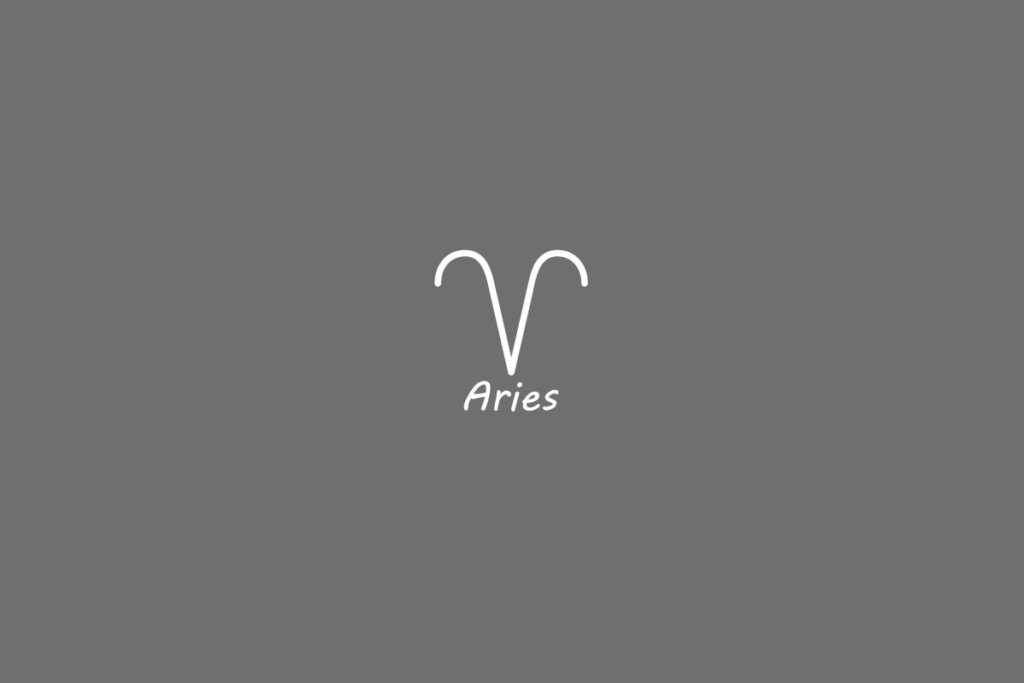 Símbolo do signo de áries, na cor branca, centralizado em um fundo cinza e com o nome embaixo 