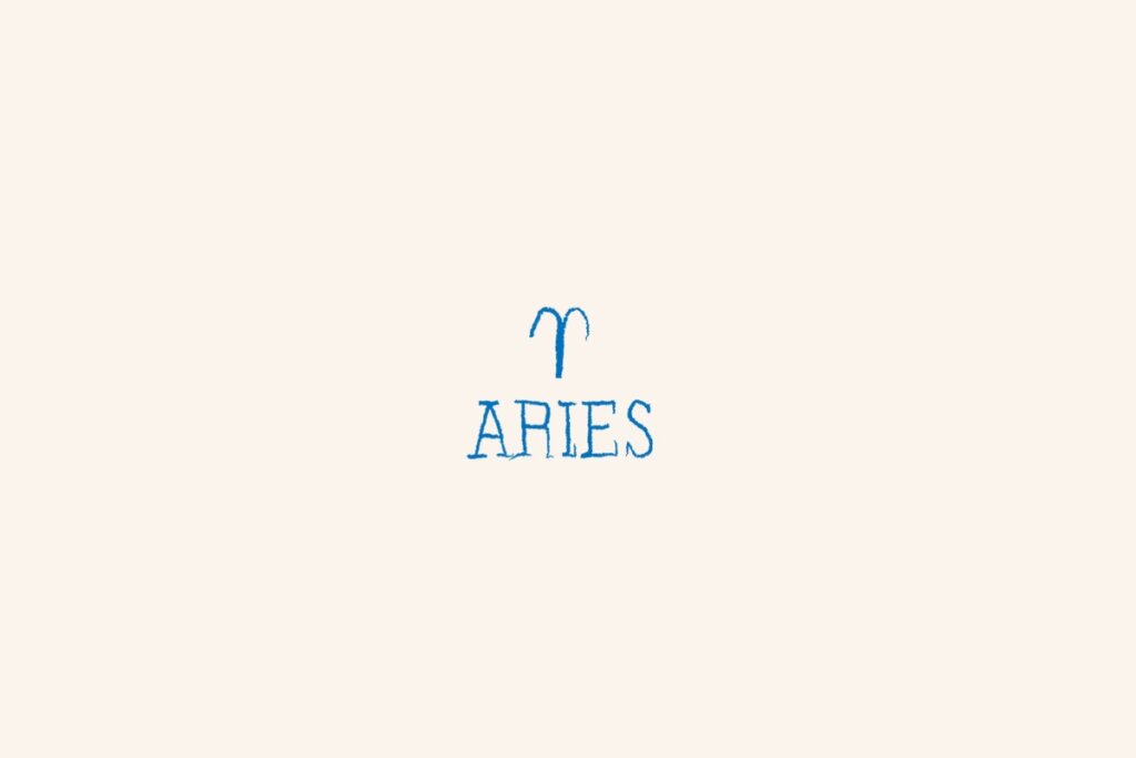 Símbolo do signo de áries, na cor azul, centralizado em um fundo bege-claro e com o nome abaixo 