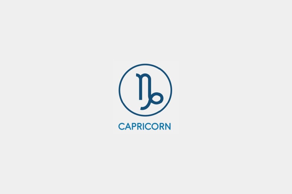 Círculo azul com o símbolo do signo de Capricórnio ao centro e o nome do signo abaixo, sobre um fundo cinza-claro