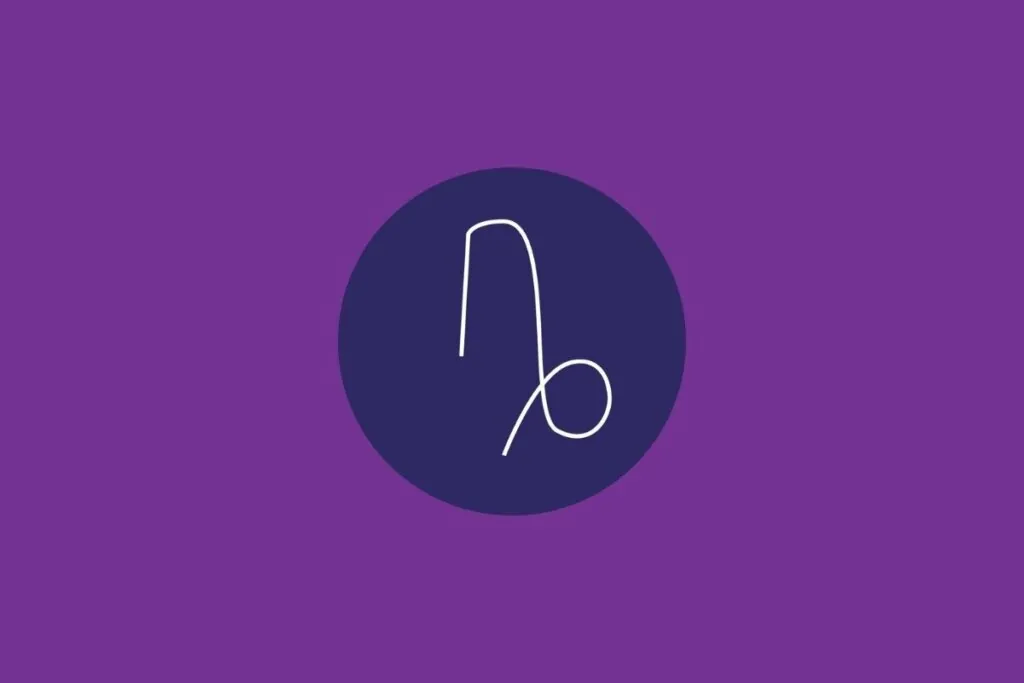 Ilustração do signo de capricórnio, em um círculo azul-escuro, sobre um fundo roxo