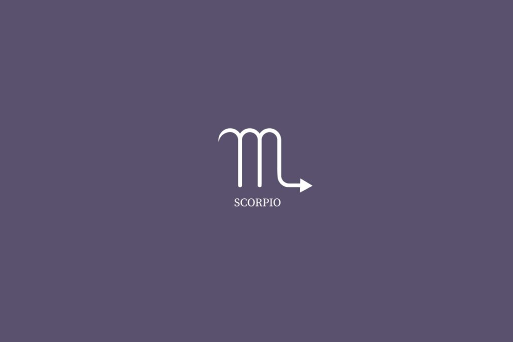 Ilustração do signo de escorpião, na cor branca e com o nome embaixo, centralizado em um fundo roxo