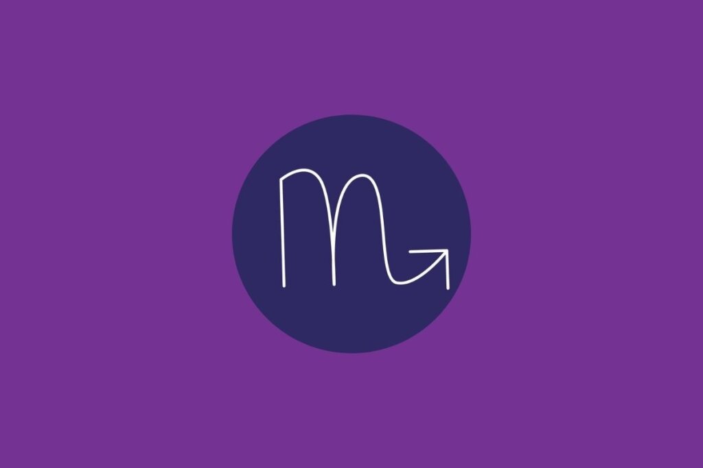 Ilustração do signo de escorpião, em um círculo azul-escuro, sobre um fundo roxo