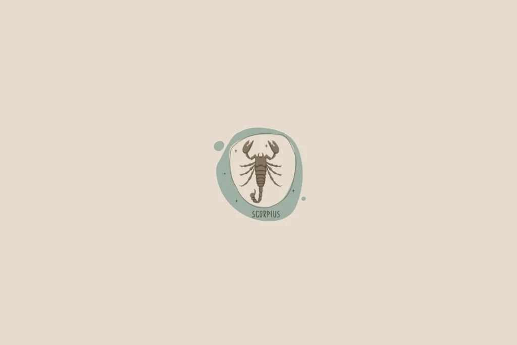 Ilustração do signo de escorpião em um fundo bege-claro. Ao redor dele, há um círculo verde-claro e pequenas bolhas