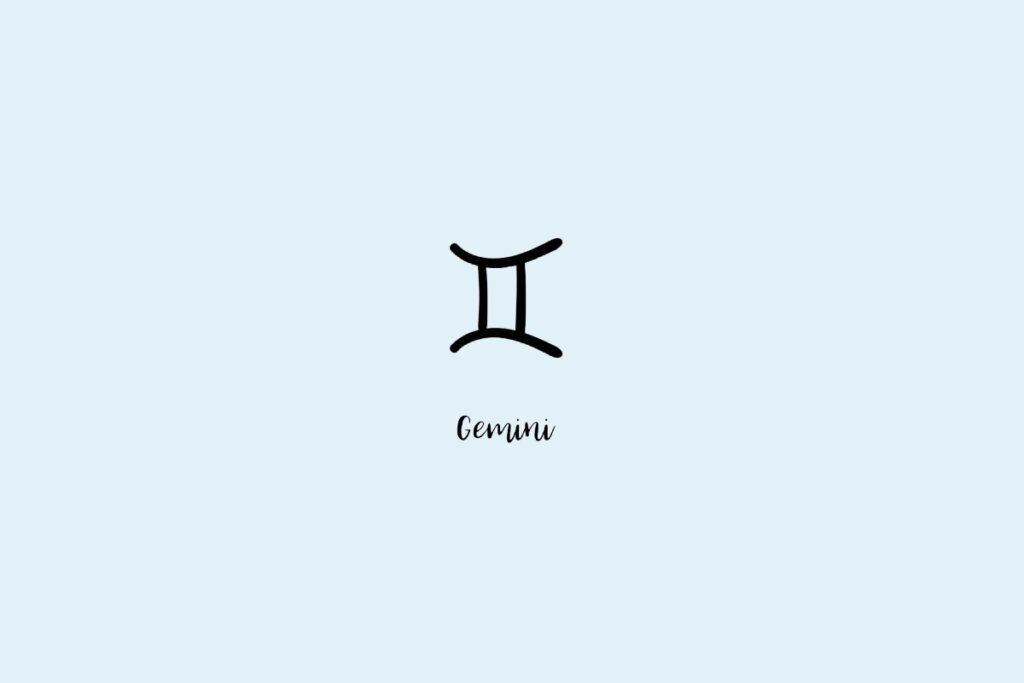 Ilustração do símbolo do signo de gêmeos, com o nome embaixo, em um fundo azul-claro