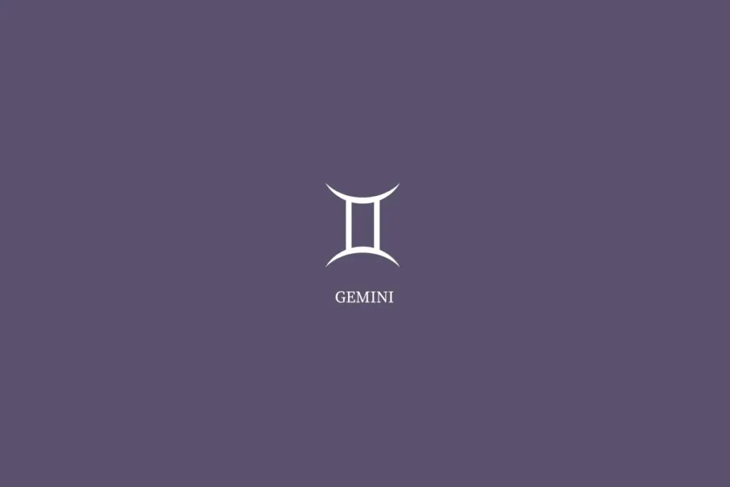 Ilustração do signo de gêmeos, na cor branca e com o nome embaixo, centralizado em um fundo roxo
