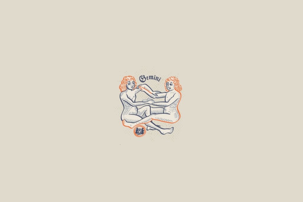 Ilustração de duas pessoas, símbolo do signo de gêmeos, em um fundo cinza