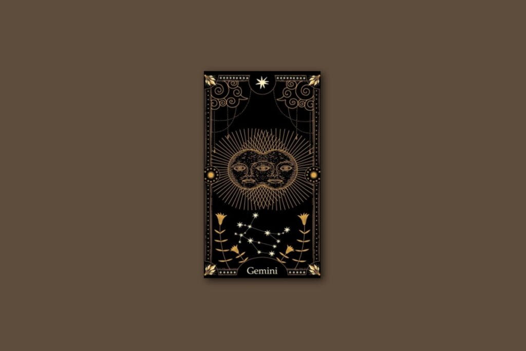 Ilustração de uma carta preta, com dois sóis e a constelação de Gêmeos, com borda dourada e estrelas