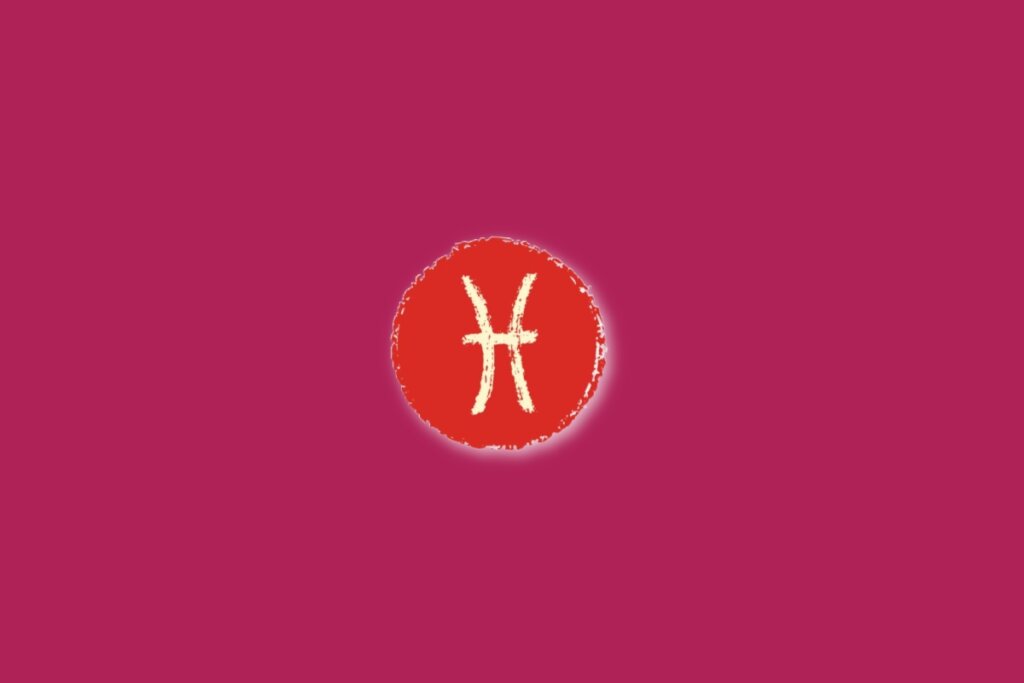 Ilustração do signo de peixes, dentro de um círculo vermelho, sobre um fundo rosa