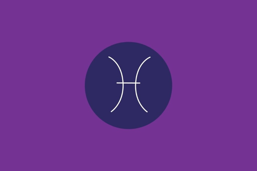 Ilustração do signo de peixes, em um círculo azul-escuro, sobre um fundo roxo