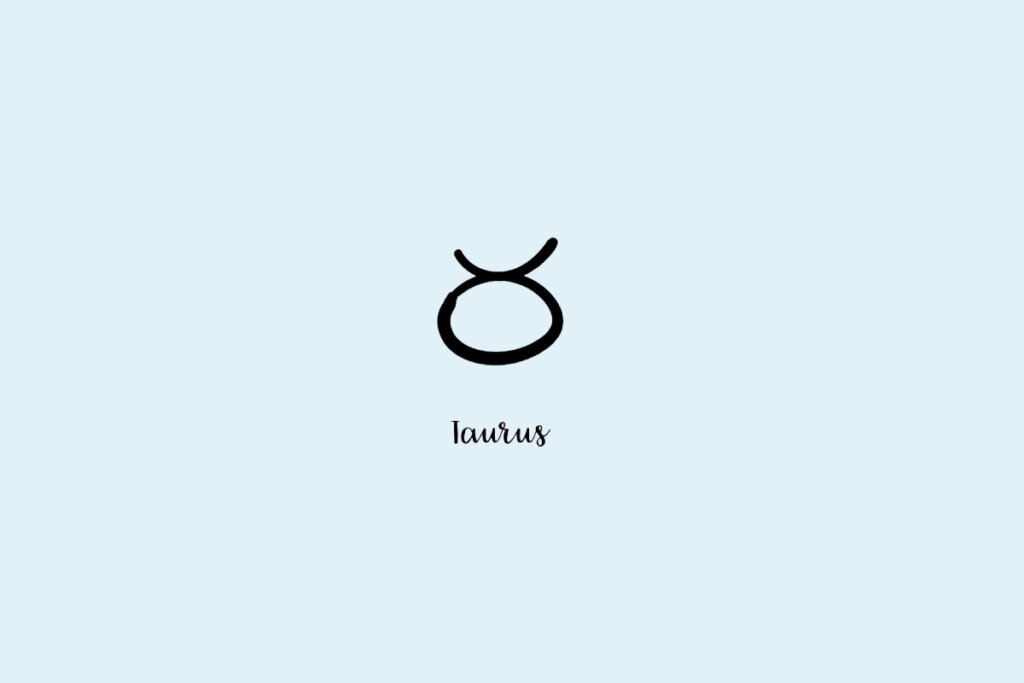 Ilustração do símbolo do signo de touro, com o nome embaixo, em um fundo azul-claro