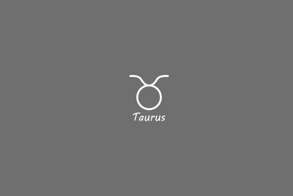 Símbolo do signo de touro, na cor branca, centralizado em um fundo cinza e com o nome embaixo