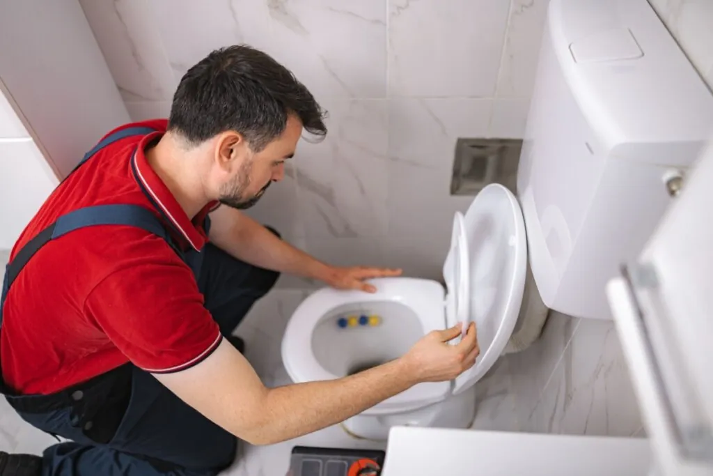 Profissional realizando manutenção em vaso sanitário aberto, verificando possíveis vazamentos internos no banheiro