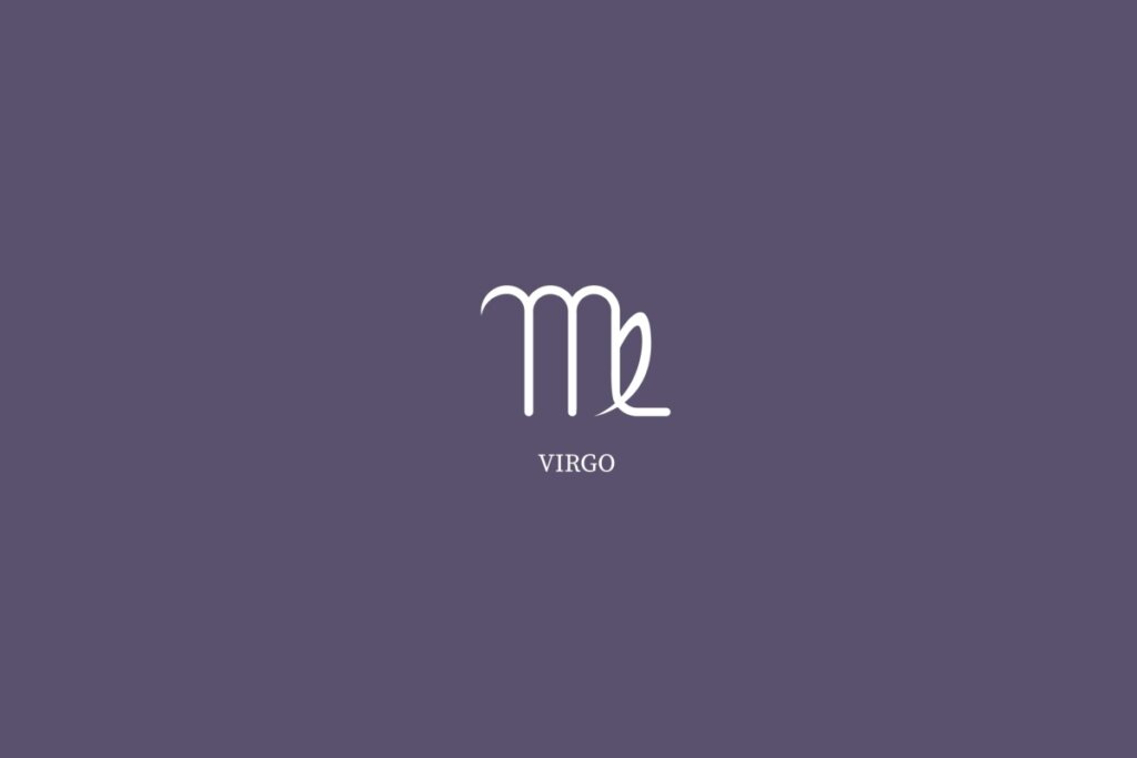 Ilustração do signo de virgem, na cor branca e com o nome embaixo, centralizado em um fundo roxo
