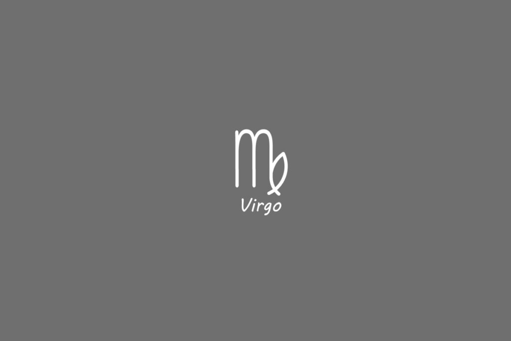Símbolo do signo de virgem, na cor branca, centralizado em um fundo cinza e com o nome embaixo