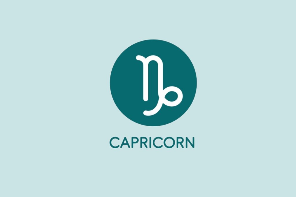 Ilustração do signo de Capricórnio, contendo o símbolo com linhas curvas unidas em um círculo sobre fundo verde-claro