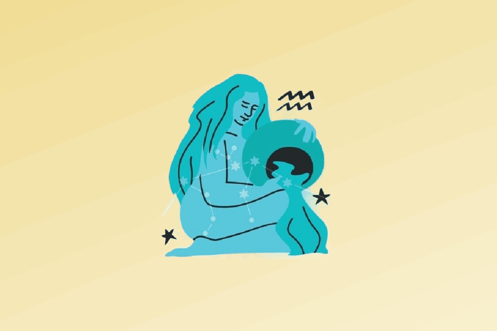 Ilustração de mulher em azul-esverdeado com constelação de Aquário segurando jarro jorrando água em fundo amarelo