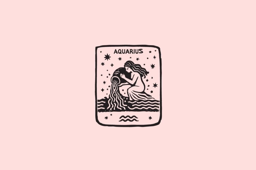Ilustração do signo de Aquário, contendo uma figura feminina derramando água de um jarro com estrelas ao redor, em fundo rosa-claro