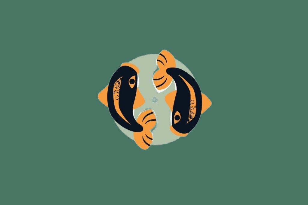 Ilustração do signo de Peixes, em fundo verde, contendo dois peixes em laranja e preto dispostos em círculo, com as caudas voltadas para o centro