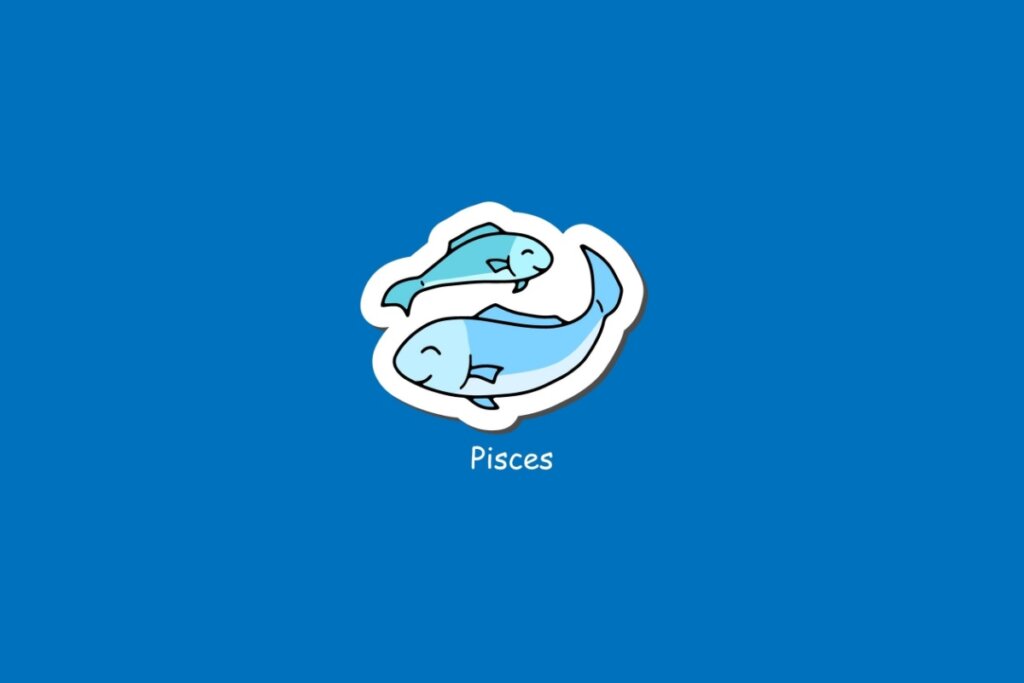 Ilustração do signo de Peixes, em fundo azul, com dois peixes azuis nadando em sentido oposto em círculo
