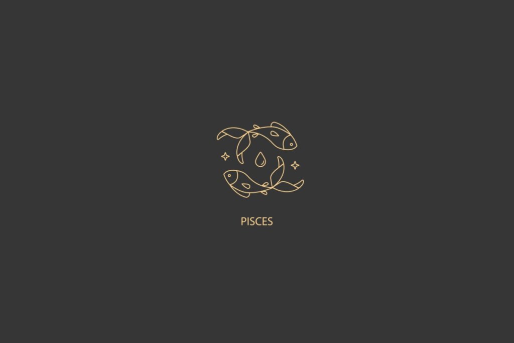 Ilustração do signo de Peixes com dois peixes nadando em direções opostas, estrelas e uma gota d'água ao fundo