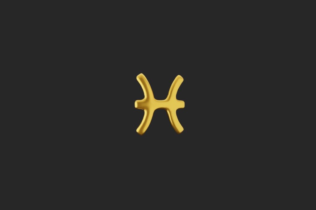 Ilustração do signo de Peixes em dourado em fundo preto