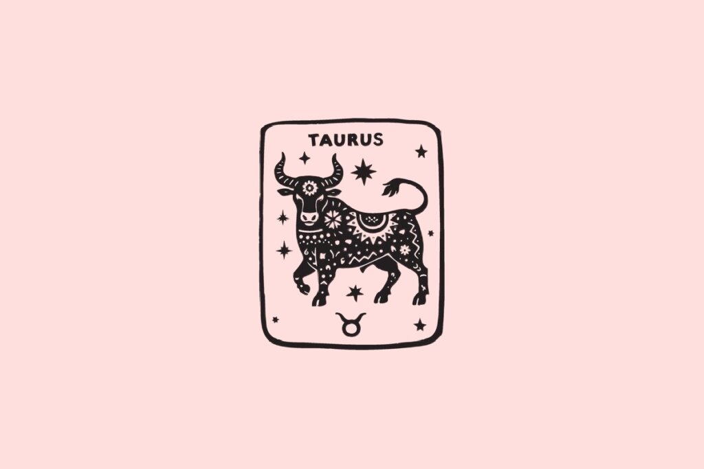 Ilustração do signo de Touro, contendo um touro ornamentado com detalhes florais e estrelas, em fundo rosa-claro