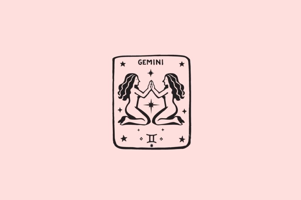 Ilustração do signo de Gêmeos, contendo duas figuras femininas espelhadas se tocando com as mãos e uma estrela central, em fundo rosa-claro