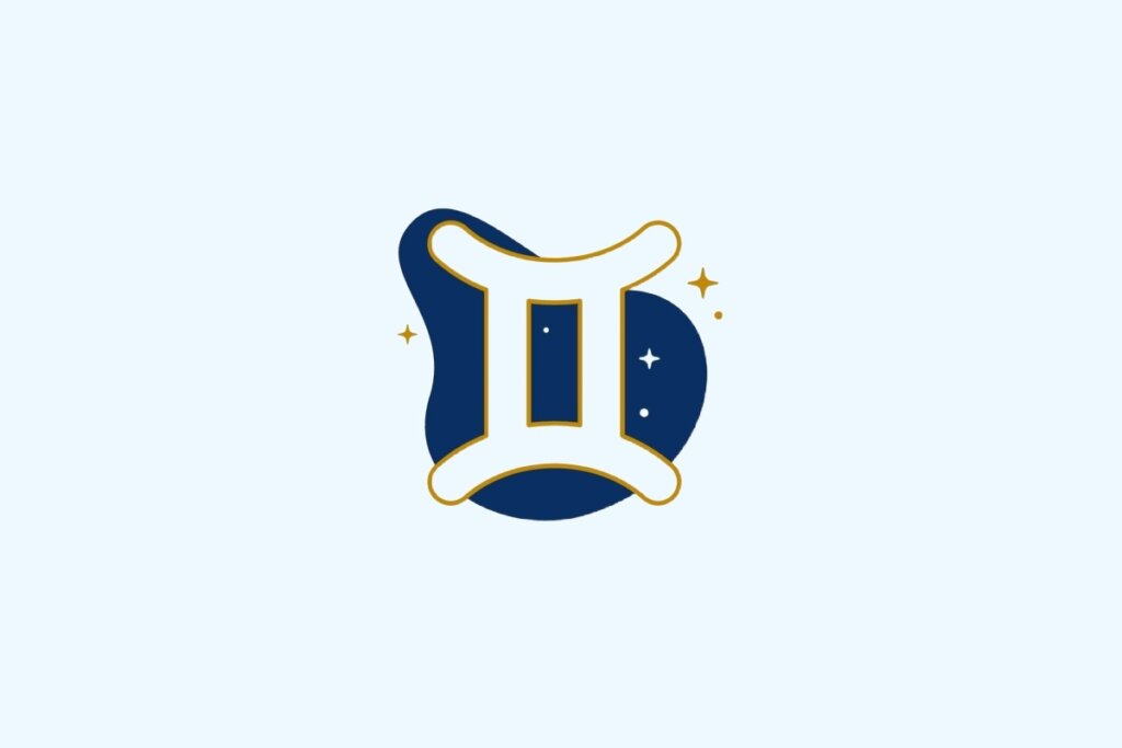 Ilustração do signo de Gêmeos contendo símbolo de colunas paralelas em azu-claro e dourado sobre fundo azul-claro