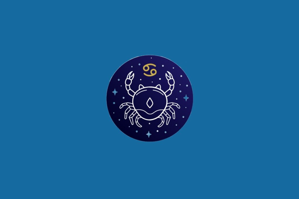 Ilustração do signo de Câncer, em fundo azul, contendo um círculo com um caranguejo em linhas brancas e o símbolo do signo em dourado