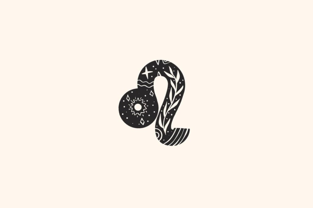 Ilustração do signo de Leão, contendo o símbolo da espiral com círculo e detalhes de folhagens sobre fundo claro