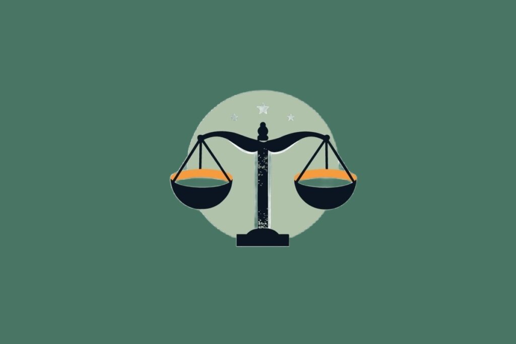 Ilustração do signo de Libra, em fundo verde, contendo uma balança com pratos em equilíbrio e estrelas ao fundo