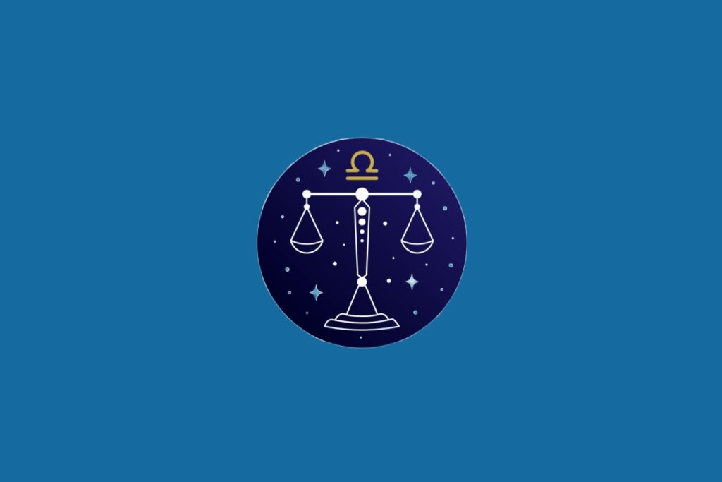 Ilustração do signo de Libra, em fundo azul, contendo um círculo com uma balança de dois pratos em linhas brancas e o símbolo do signo em dourado