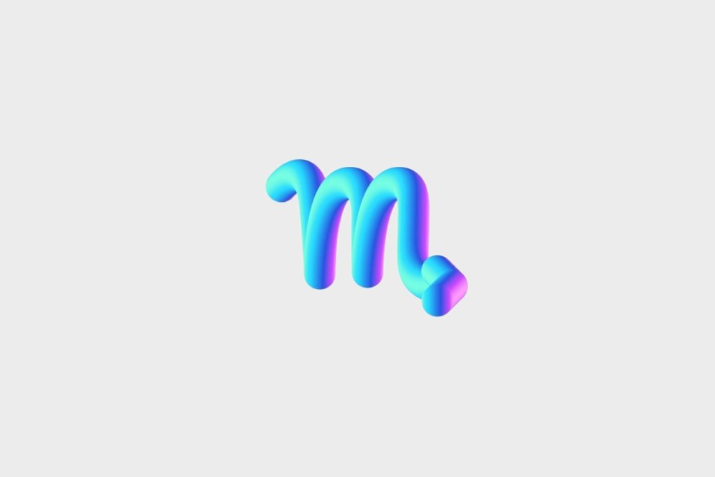 Ilustração do signo de Escorpião, em fundo cinza, contendo o símbolo em formato 3D com gradiente azul, roxo e rosa, representado pela letra M com cauda apontada para a direita