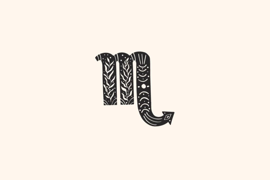 Ilustração do signo de Escorpião, contendo o símbolo do M com seta apontada e detalhes de folhagens e fases da lua sobre fundo claro