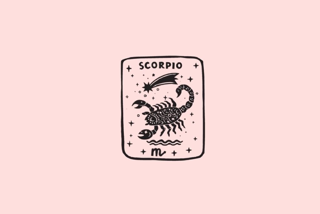 Ilustração do signo de Escorpião, contendo um escorpião ornamentado com estrela cadente e estrelas ao redor, em fundo rosa-claro