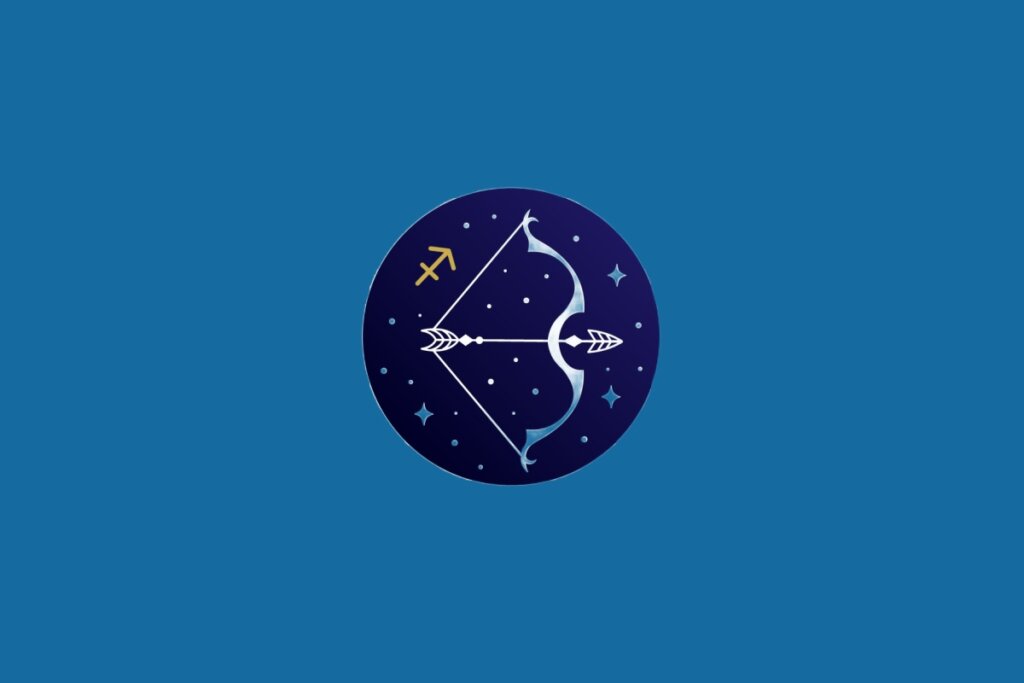 Ilustração do signo de Sagitário, em fundo azul, contendo um círculo com um arco e flecha em linhas brancas e o símbolo do signo em dourado