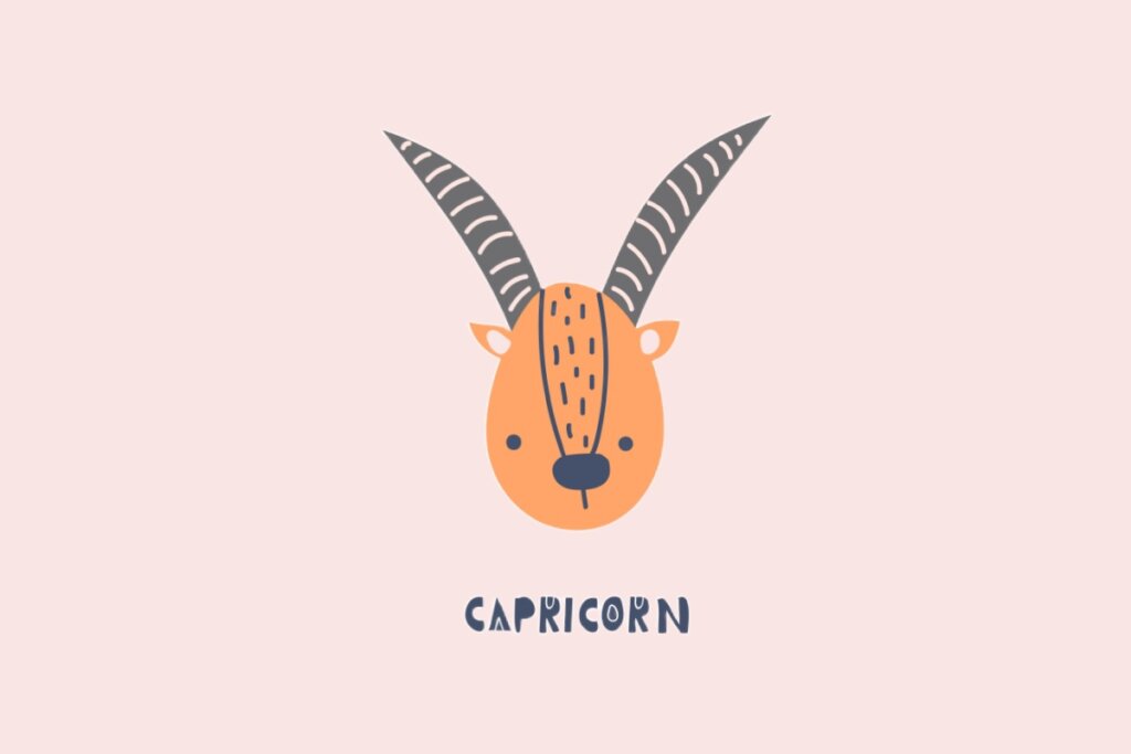 Ilustração do rosto de uma cabra com longos chifres cinzas listrados, focinho escuro e bochechas rosadas sobre fundo rosa claro. Abaixo da ilustração, está escrita a palavra "CAPRICORN".