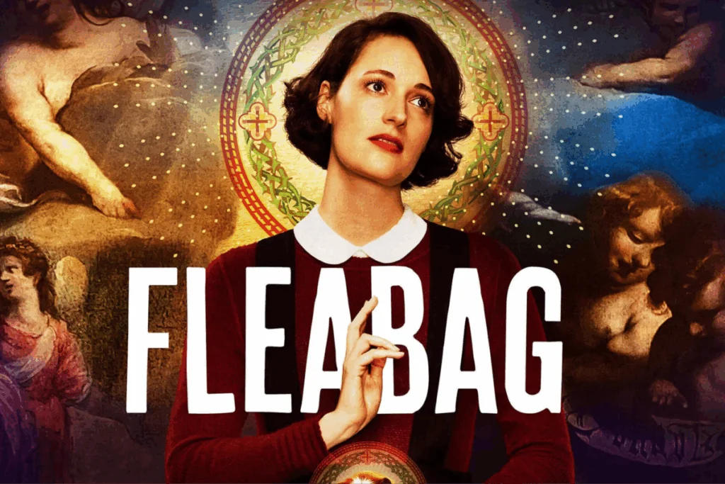 Mulher com expressão pensativa diante de fundo artístico com elementos religiosos na série Fleabag