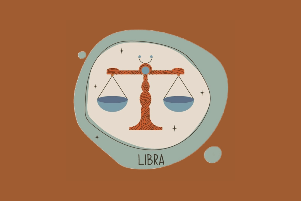 Ilustração do signo de Libra, representado por uma balança estilizada em tons de marrom, azul e bege, com o fundo marrom