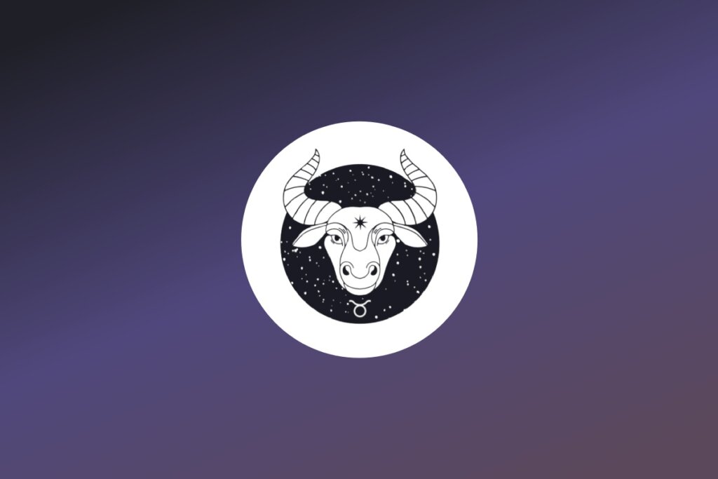 Ilustração frontal em preto e branco da cabeça de um touro com chifres largos e uma estrela no topo da cabeça, representando o signo de Touro. O desenho está inserido em um círculo preto com fundo estrelado e traz o símbolo astrológico do signo na base. A arte está centralizada em um círculo branco sobre fundo degradê roxo.