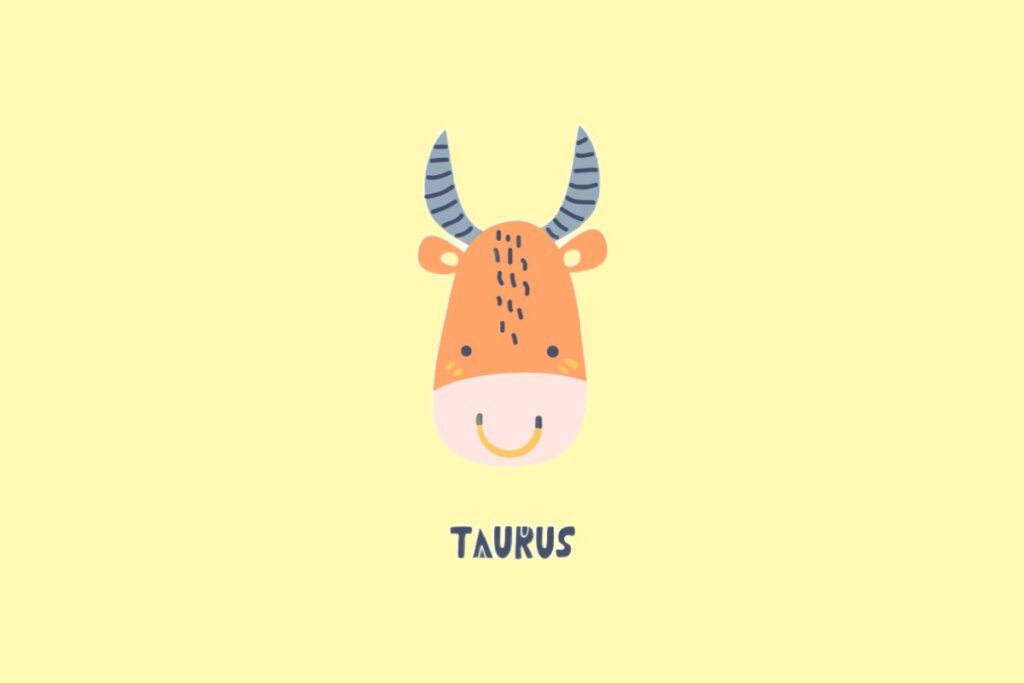 Ilustração estilizada do rosto de um touro em tons de laranja e bege, com chifres cinzas listrados e uma pequena argola dourada no nariz. O desenho possui um estilo lúdico e minimalista sobre um fundo amarelo claro. Abaixo da imagem, lê-se a palavra "TAURUS".