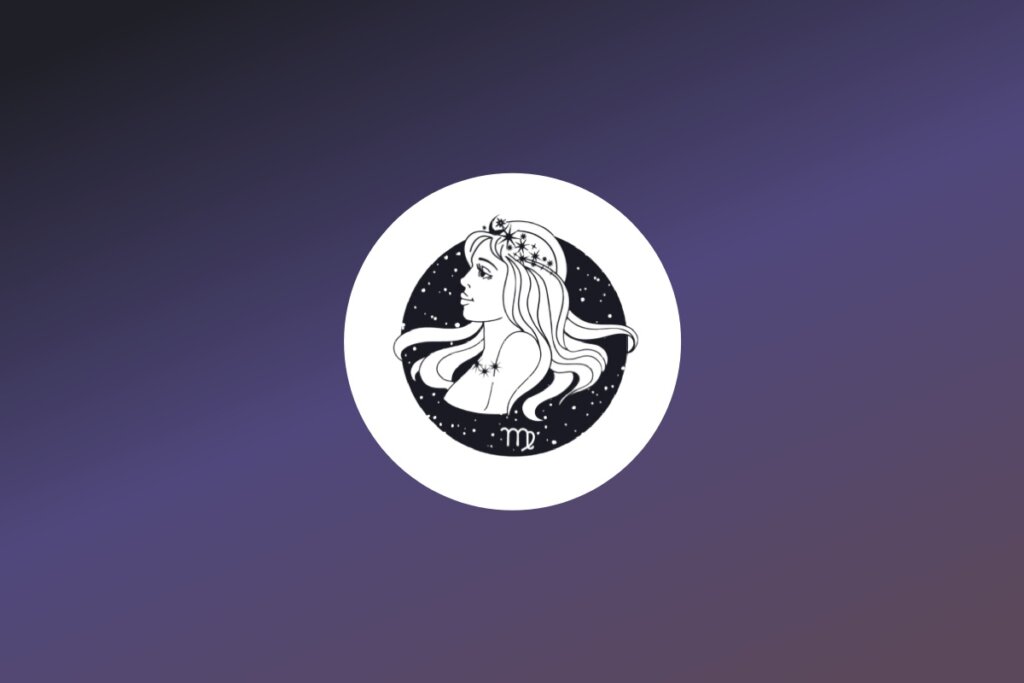 Ilustração em preto e branco do signo de Virgem, retratando o perfil de uma mulher com flores e estrelas no cabelo longo, dentro de um círculo estrelado com o símbolo "m" estilizado abaixo. Fundo em degradê roxo e azul.