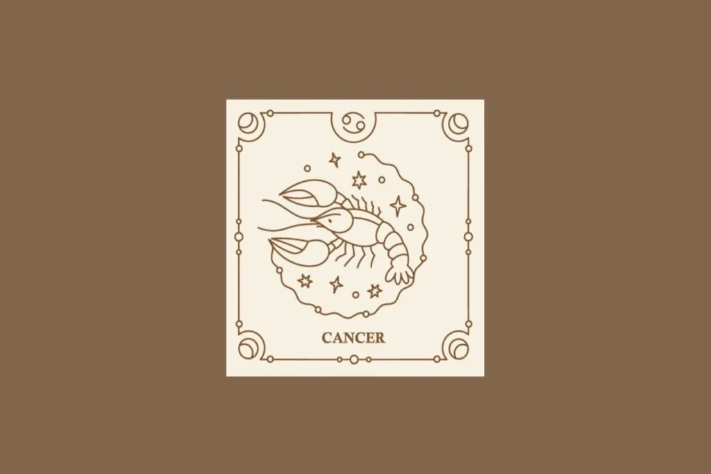 Ilustração do signo de câncer em um quadrado bege, com detalhes marrons ao redor, sobre um fundo marrom