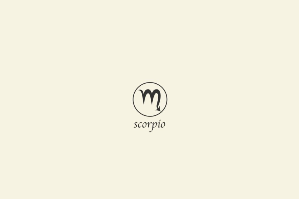 Ilustração do signo de escorpião na cor preta, com um círculo em volta e o nome abaixo, sobre um fundo cinza-claro