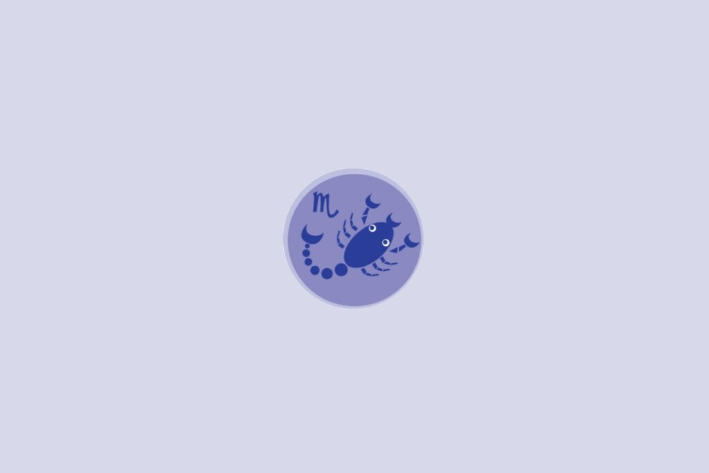 Imagem com ilustração do signo de Escorpião, representado por um escorpião estilizado em tons de azul dentro de um círculo sobre fundo claro