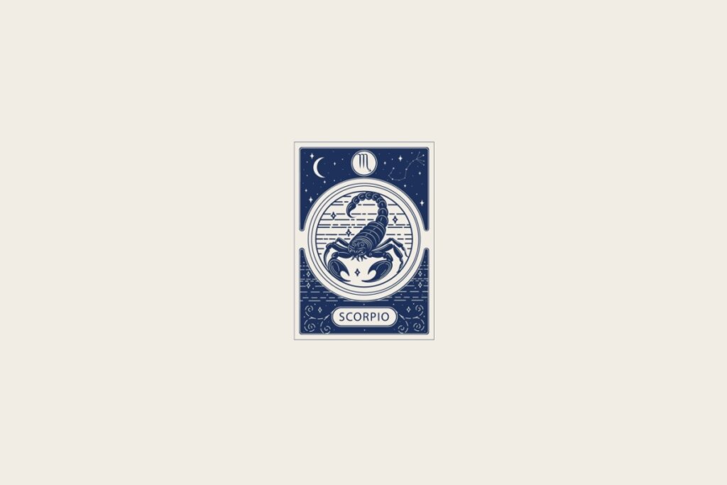 Ilustração do signo de Escorpião em azul dentro de uma carta e com fundo bege-claro