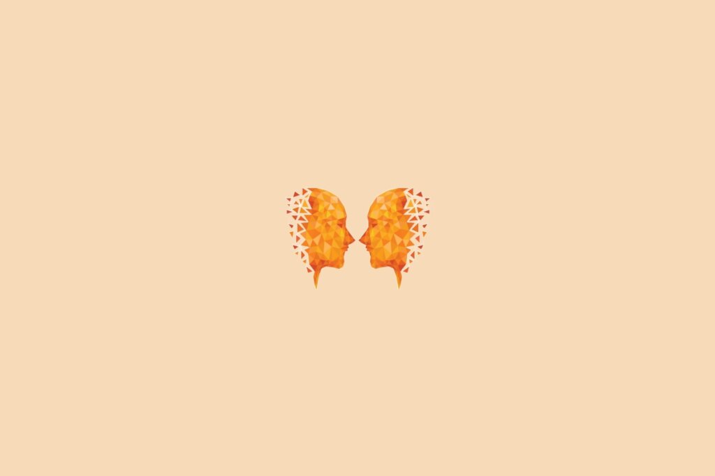 Ilustração do signo de gêmeos, na cor laranja, centralizado em um fundo laranja-claro