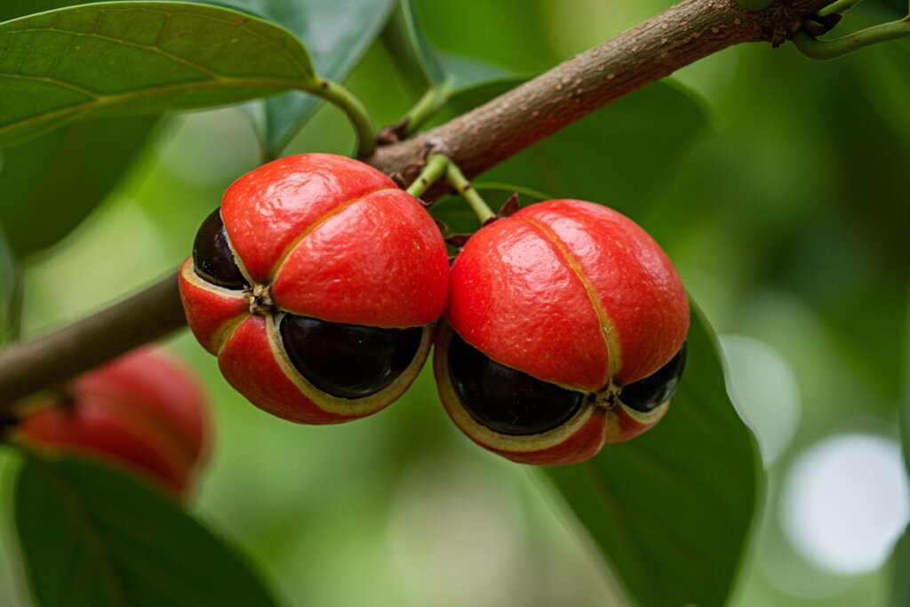 dois frutos do guaraná com casca laranja e centro preto em galho