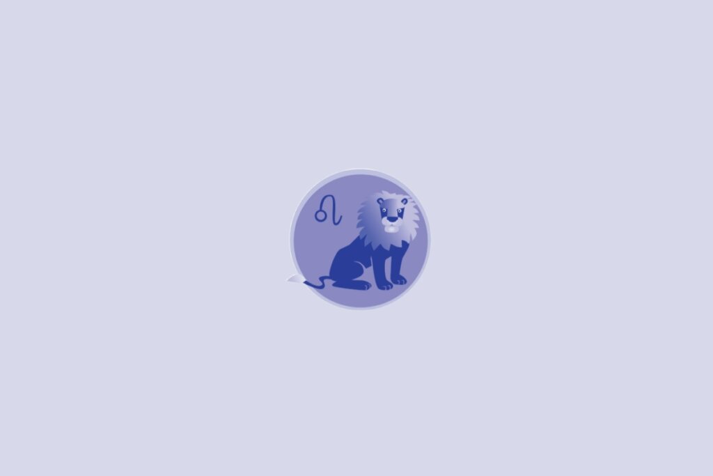 Imagem com ilustração do signo de Leão, representado por um leão estilizado em tons de azul dentro de um círculo sobre fundo claro