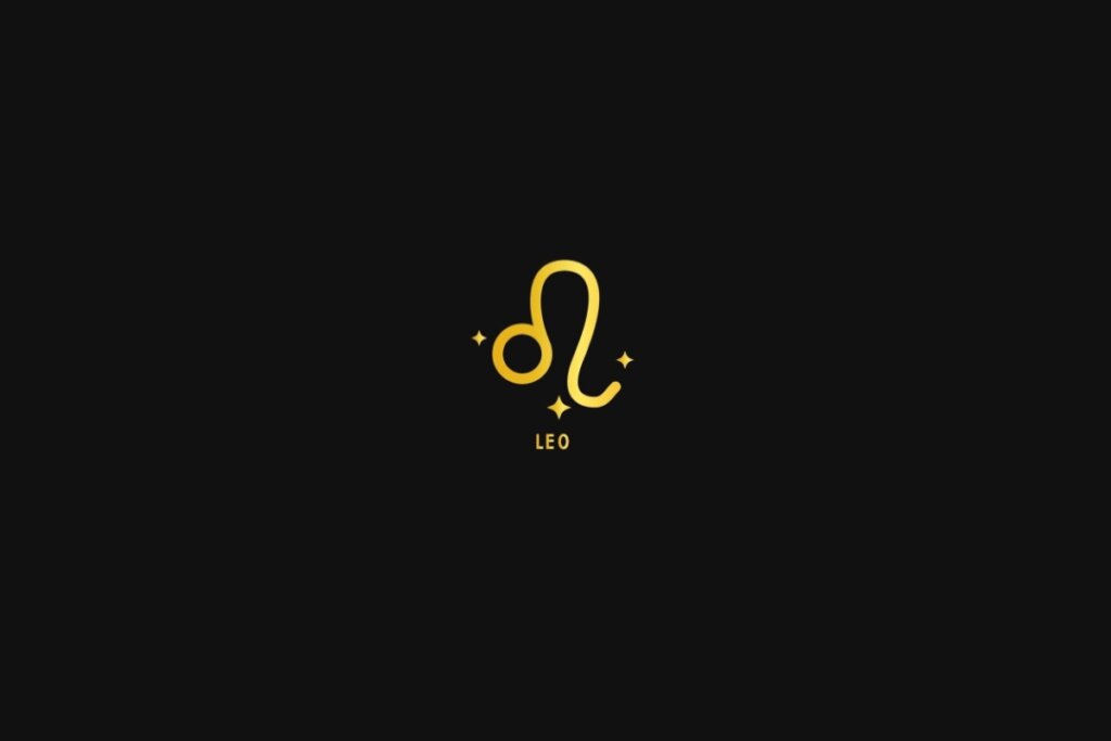 Ilustração do signo de Leão em dourado, sobre um fundo preto, com estrelas ao redor